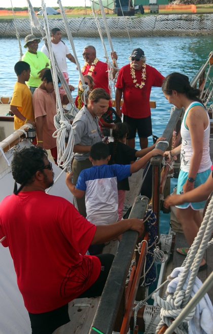 Before arriving in Pago Pago, the Hokule'a and Hikianalia spent time offshore of the nearby island of Manu'a on Wednesday afternoon. (Courtesy Polynesian Voyaging Society) 
