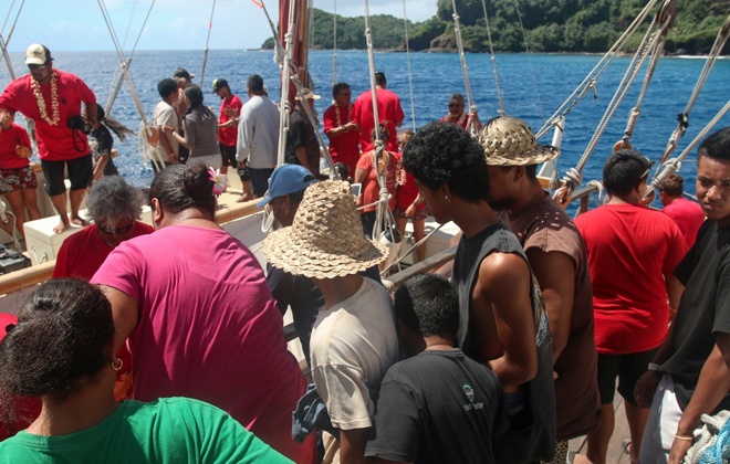 The Hokulea arrived at Pago Pago, American Samoa on Aug. 21. Star-Advertiser reporter Marcel Honore' is among the crew who will sail on  the next leg of the voyage. (Courtesy Polynesian Voyaging Society / Scott Kanda)