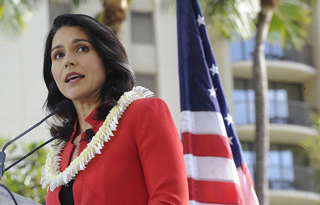 STAR-ADVERTISER
                                Hawaii Congresswoman Tulsi Gabbard announced that she was running for president in 2020, Feb. 20, at the Great Lawn of the Hilton Hawaiian Village Resort in Waikiki. Gabbard announced this morning she supports the impeachment investigation into the actions of President Donald Trump, making her the fourth and final member of the Hawaii delegation to endorse the Trump investigation.
