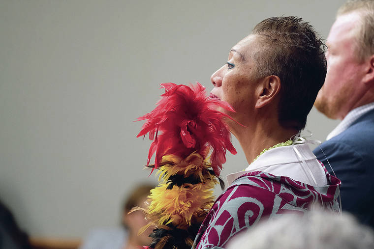 RON PAUL / SPECIAL TO THE HONOLULU STAR-ADVERTISER
                                Deborah Lee is arraigned Friday on a charge of obstructing at the Hilo Courthouse. The charge is related to the ongoing protests on Mauna Kea over construction of the Thirty-Meter Telescope construction.