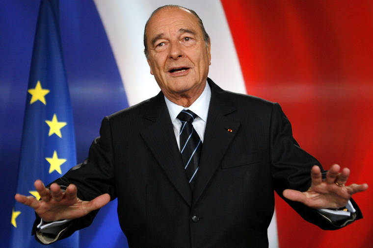 ASSOCIATED PRESS
                                French president Jacques Chirac poses after recording a television address from the presidential Elysee Palace in Paris in 2007. Jacques Chirac, a two-term French president who was the first leader to acknowledge France’s role in the Holocaust and defiantly opposed the U.S. invasion of Iraq in 2003, has died at age 86.