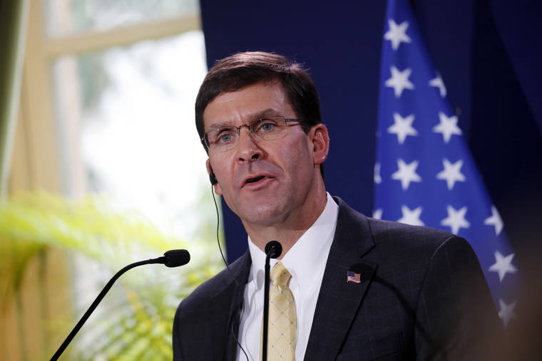 ASSOCIATED PRESS
                                U.S. Defense Secretary Mark Esper delivered a speech, Sept. 7, during a press conference with French Defense Minister Florence Parly in Paris. Military suicides surged this year to a record high among active duty troops, continuing a frustrating trend that Pentagon officials say they are struggling to counter.