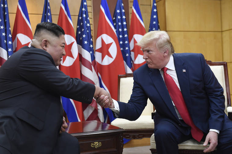 ASSOCIATED PRESS / JUNE 30
                                President Donald Trump, right, meets with North Korean leader Kim Jong Un at the border village of Panmunjom in the Demilitarized Zone, South Korea. North Korea says it wants Trump to make a “wise option and bold decision” to produce a breakthrough in stalled nuclear diplomacy. The statement by Foreign Ministry adviser Kim Kye Gwan came days after Trump said another meeting with Kim Jong Un “could happen soon” without elaborating.