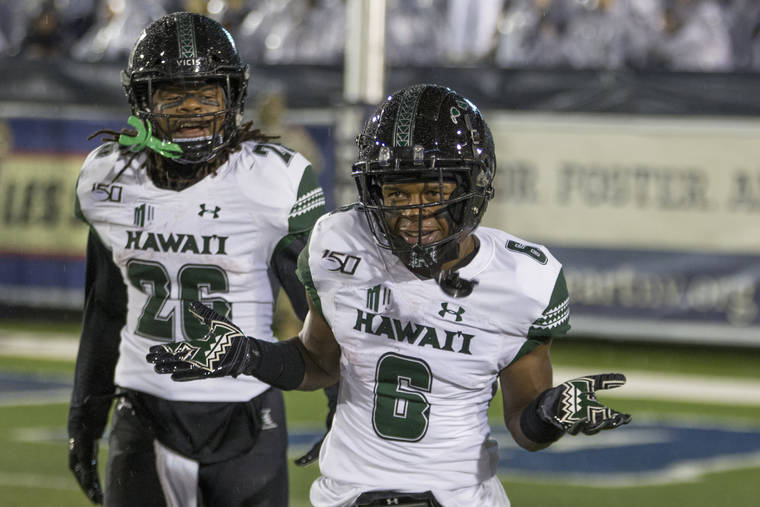 ASSOCIATED PRESS
                                Hawaii wide receiver Cedric Byrd II (6) reacts after scoring a touchdown against Nevada in the first half of an NCAA college football game in Reno, Nev., on Sept. 28.