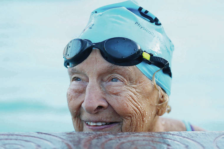 FRANCINE ORR/LOS ANGELES TIMES/TNS
                                Maurine Kornfeld, 97, smiles during swim practice at the Rose Bowl Aquatics Center in Pasadena, CA April 11, 2019. She is a member of the Rose Bowl Masters Swim Team. She is known at the pool at “Mighty Mo.”