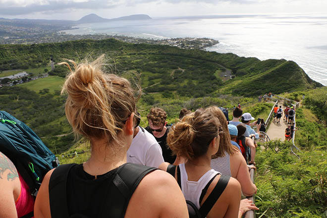 COURTESY DLNR / March 8, 2018
                                Tourists flock to the main trail up Diamond Head, one of the state’s top attractions. Over five years, the Honolulu Fire Department rescued three times as many hikers from Diamond Head State Monument as from the outlawed “Stairway to Heaven” on Oahu’s Windward Side.