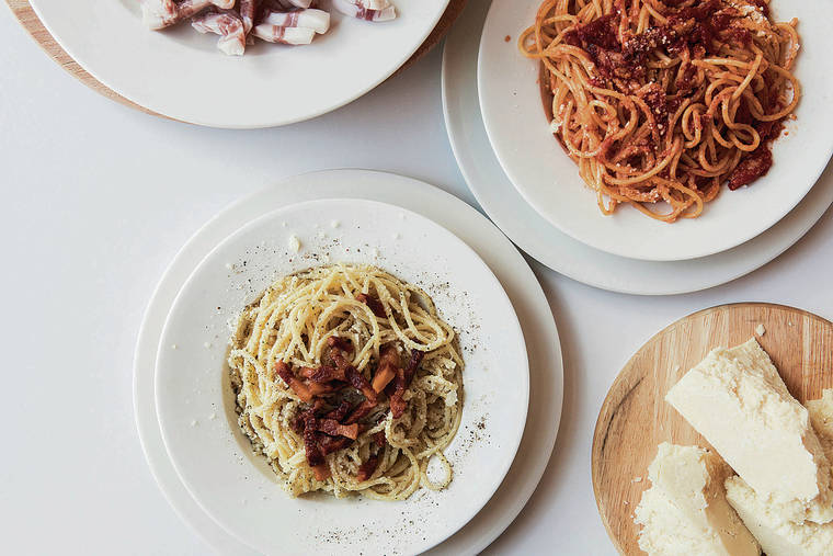 NEW YORK TIMES
                                Pasta alla gricia, left, and spaghetti all’amatriciana, top right, at Ristorante Roma in Amatrice, Italy, on July 4, 2019. Stephen Hall set out on a journey, all the way to the mountain village of Amatrice, to find the best way to make pasta all’amatriciana.