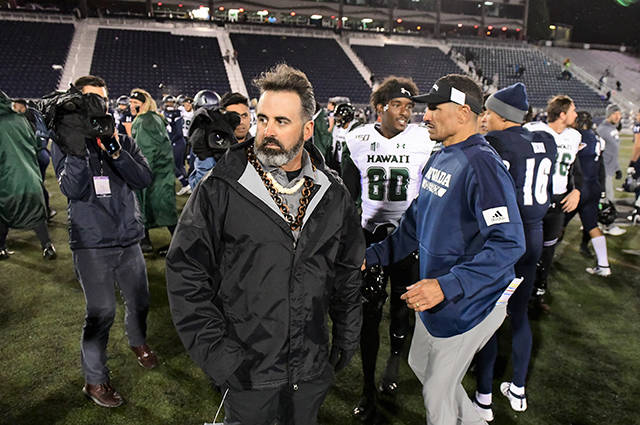 STEVEN ERLER / SPECIAL TO THE STAR-ADVERTISER
                                Hawaii Warriors head coach Nick Rolovich after winning a game between the Hawaii Rainbow Warriors and the Nevada Wolf Pack on Saturday in Reno.