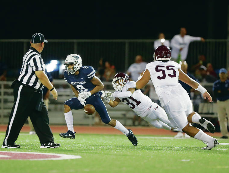 CINDY ELLEN RUSSELL / CRUSSELL@STARADVERTISER.COM
                                The ball slips from Kamehameha receiver Kahekili Pahio (9) as Farrington defensive back Vinnie Fotu (31) goes to tackle during the first half of Saturday’s game.