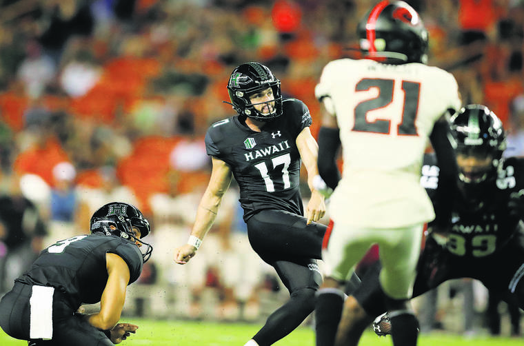 JAMM AQUINO / JAQUINO@STARADVERTISER.COM
                                Hawaii place-kicker Ryan Meskell’s 28-yard field goal with 2:17 left in the fourth quarter against Oregon State was the difference in UH’s 31-28 win on Sept. 7.