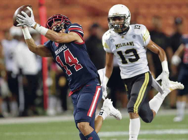 JAMM AQUINO/JAQUINO@STARADVERTISER.COM
                                Saint Louis wide receiver Roman Wilson (14) hauls in a pass ahead of Mililani defensive back Asher Pilanca (13) on the way to a touchdown during the first half of an Open Division high school football game on Sept. 27, 2019 at Aloha Stadium.