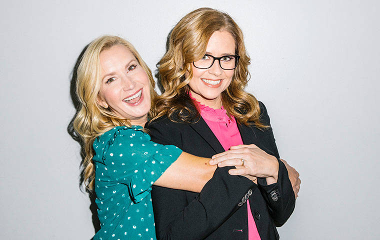 NEW YORK TIMES
                                Angela Kinsey, left, and Jenna Fischer at Earwolf Studios in Los Angeles on Sept. 27. When the two actresses from “The Office” — Fischer, who played Pam Beesly and Kinsey, who played Angela Martin — wanted to find a way to continue working together creatively, they came up with an idea: a rewatch podcast full of their behind-the-scenes insights and best friend banter.