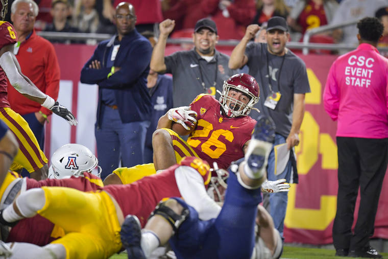 COURTESY JOHN MCGILLEN / USC ATHLETICS
                                Kana‘i Mauga was a revelation with 13 tackles with a forced fumble and an interception for USC.