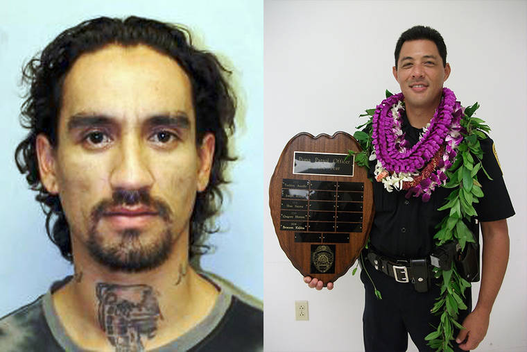 PHOTOS COURTESY OF THE HAWAII POLICE DEPARTMENT
                                Police say Justin Joshua Waiki, left, fatally shot Hawaii island police officer Bronson Kaliloa, right, in Mountain View last year. Police tracked Waiki down three days later, and he was killed in a shootout with officers.