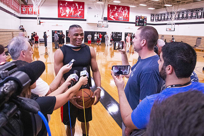 CRAIG T. KOJIMA / CKOJIMA@STARADVERTISER.COM
                                Russell Westbrook, who joined the Houston Rockets this summer, talks to reporters at the team’s practice at ‘Iolani School in Honolulu today.