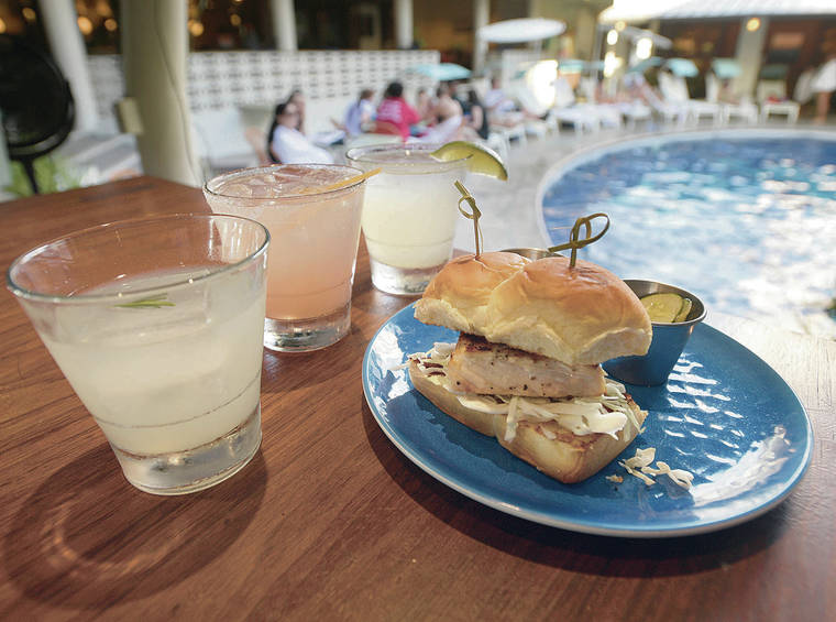 BRUCE ASATO / BASATO@STARADVERTISER.COM
                                The Grilled Opah Sandwich with the Moon Dance, Paloma and Maui Mule cocktails.