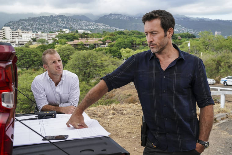 COURTESY CBS
                                McGarrett (Alex O’Loughlin), right, and Danny (Scott Caan), left, must investigate the cause and culprits of a deadly cave-in which has trapped Five-0 teammates Tani (Meaghan Rath), Junior (Beulah Koale) and several civilians. Eddie the dog uses his field experience and sniffs out a bomb that has been planted in McGarrett’s home.