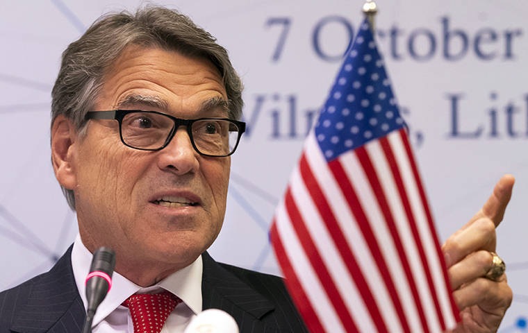 ASSOCIATED PRESS
                                U.S. Energy Secretary Rick Perry spoke during a news conference, Monday, following of the forum Partnership for Transatlantic Energy Cooperation (P-TEC) in the Radisson Blu Hotel Lietuva, in Vilnius, Lithuania.