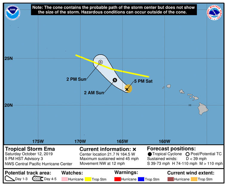 COURTESY CENTRAL PACIFIC HURRICANE CENTER
                                The location of Tropical Storm Ema as of 5 p.m. today.