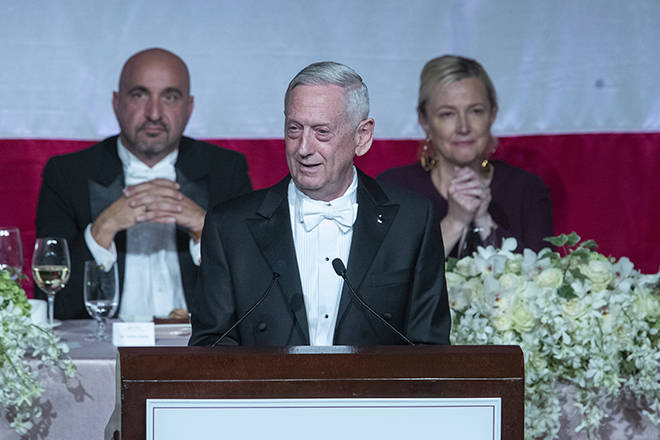 ASSOCIATED PRESS
                                Former U.S. Secretary of Defense Jim Mattis, center, delivers the keynote address during the 74th Annual Alfred E. Smith Memorial Foundation Dinner, Thursday night in New York.
