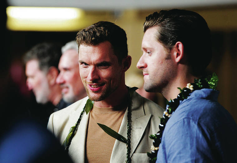 BRUCE ASATO / BASATO@STARADVERTISER.COM
                                Ed Skrein, left, portrays pilot Lt. Dick Best, and Luke Kleintank portrays Lt. Clarence Earle Dickinson, in the movie about the battle between the Imperial Japanese Navy and the U.S. Navy six months after the 1941 attack on Pearl Harbor.