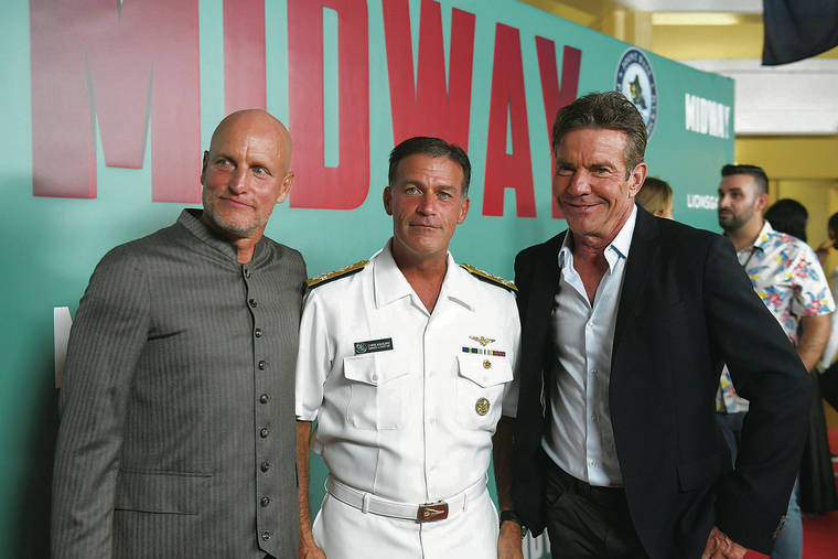 BRUCE ASATO / BASATO@STARADVERTISER.COM
                                Woody Harrelson, left, who portrays Adm. Chester Nimitz in the movie “Midway”; Adm. Chris Aquilino, commander of the U.S. Pacific Fleet; and Dennis Quaid, who portrays Vice Adm. William “Bull” Halsey in “Midway,” attended Sunday’s premiere and red- carpet event at Pearl Harbor.
