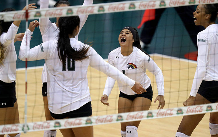 ANDREW LEE / SPECIAL TO THE STAR-ADVERTISER
                                Hawaii’s Kyra Hanawahine celebrated after teammate Norene Iosia scored a point during the fourth set against UC Davis, Sunday, at the Stan Sheriff Center in Honolulu. The Hawaii women’s volleyball team moved up a spot in today’s national poll while the Rainbow Wahine dropped down one in the Ratings Percent Index.