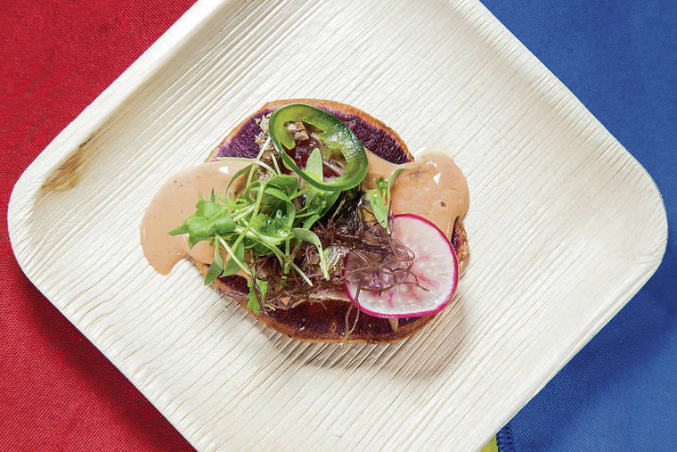 KAT WADE / SPECIAL TO THE STAR ADVERTISER
                                Chef Ricardo Zarate’s ahi was served on a taro chip.