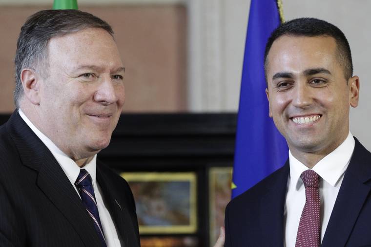 ASSOCIATED PRESS
                                Secretary of State, Mike Pompeo, left, and Italian Foreign Minister Luigi Di Maio posed for photographers in Rome, today. Pompeo is in Italy at the start of a four-nation tour of Europe as the push to impeach President Donald Trump gains steam at home.