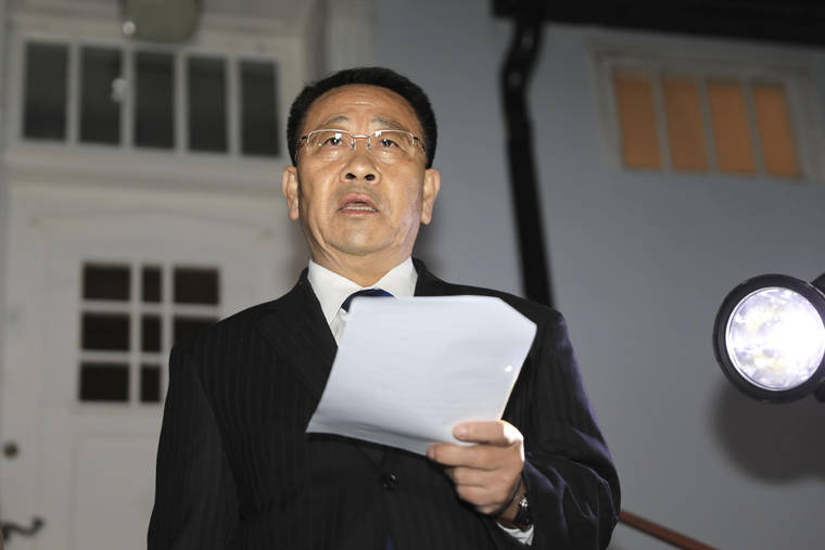 KYODO NEWS VIA ASSOCIATED PRESS
                                North Korean negotiator Kim Miyong Gil reads statement outside the North Korean Embassy in Stockholm, Sweden.