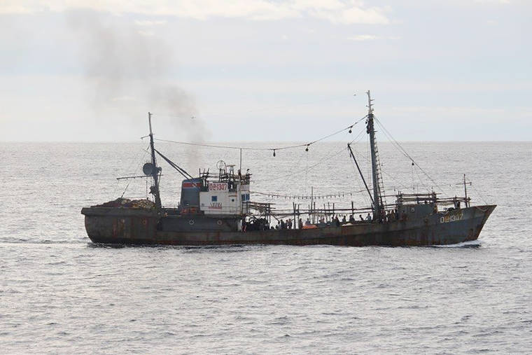 FISHERIES AGENCY VIA ASSOCIATED PRESS
                                A fishing boat which collided with a Japanese patrol vessel off the northwestern coast of the Noto Peninsula, Ishikawa prefecture, Japan, is seen Monday. Japanese authorities said they rescued all of about 60 North Korean fishermen whose boat sank after the collision in an area crowded with poachers.