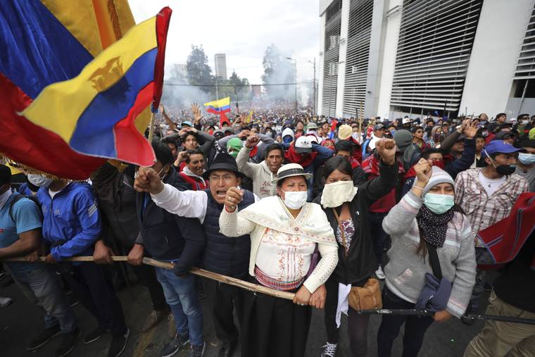 ASSOCIATED PRESS
                                Anti-government demonstrators chant slogans against President Lenin Moreno and his economic policies during a protest in Quito, Ecuador, today. The protests, which began when Moreno’s decision to cut subsidies led to a sharp increase in fuel prices, have persisted for days and clashes led the president to move his besieged administration out of Quito.