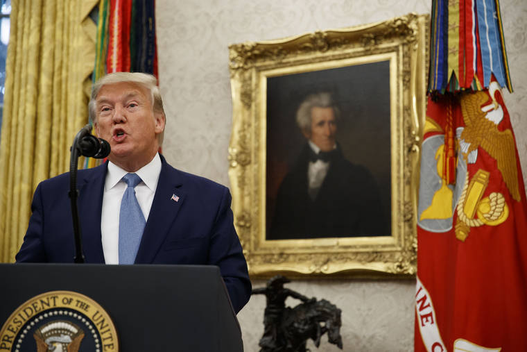 ASSOCIATED PRESS
                                President Donald Trump spoke, Tuesday, during a ceremony to present the Presidential Medal of Freedom to former Attorney General Edwin Meese, in the Oval Office of the White House, in Washington.