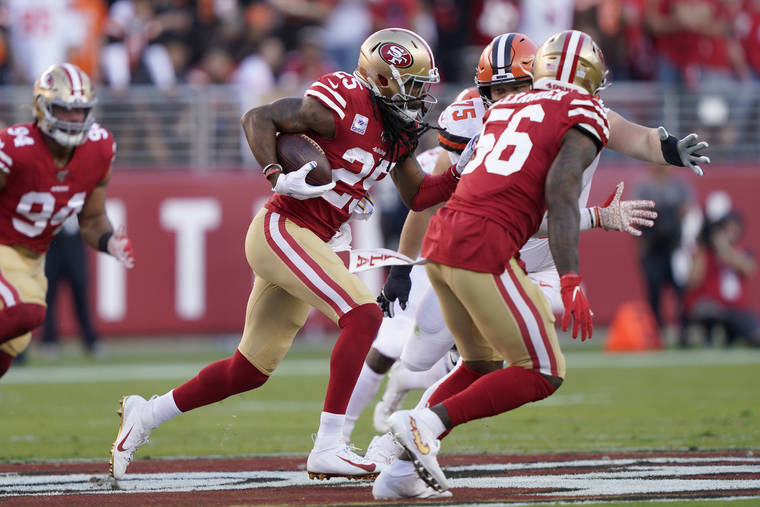 ASSOCIATED PRESS
                                San Francisco 49ers cornerback Richard Sherman (25) returns an interception against the Cleveland Browns during the first half of an NFL football game in Santa Clara, Calif., on Monday.