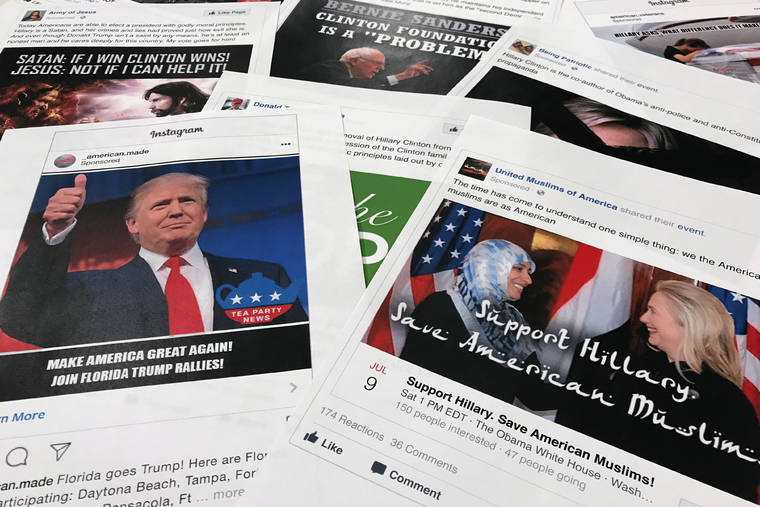 ASSOCIATED PRESS
                                Some of the Facebook and Instagram ads linked to a Russian effort to disrupt the American political process and stir up tensions around divisive social issues, in Nov. 2017, released by members of the U.S. House Intelligence committee, are photographed in Washington.