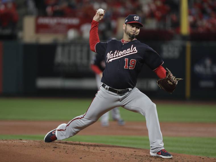 ASSOCIATED PRESS
                                Washington Nationals starting pitcher Anibal Sanchez throws during the second inning of Game 1 of the baseball National League Championship Series against the St. Louis Cardinals Friday in St. Louis.