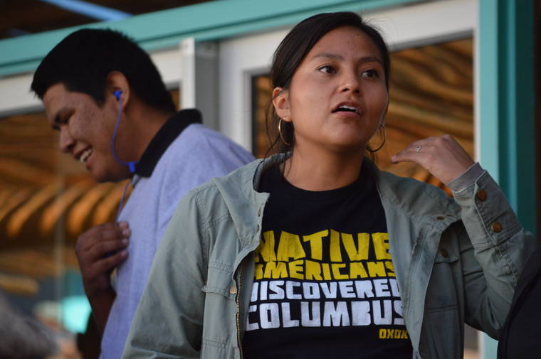 ASSOCIATED PRESS
                                Kimberlaigh Begay, 29, of Albuquerque, N.M., wears a “Native Americans discovered Columbus” t-shirt while attending New Mexico’s first Indigenous Peoples Day celebration today at the Indian Pueblo Cultural Center in Albuquerque, N.M. A handful of states celebrated their first Indigenous Peoples Day today as part of a trend to move away from a day honoring Christopher Columbus.