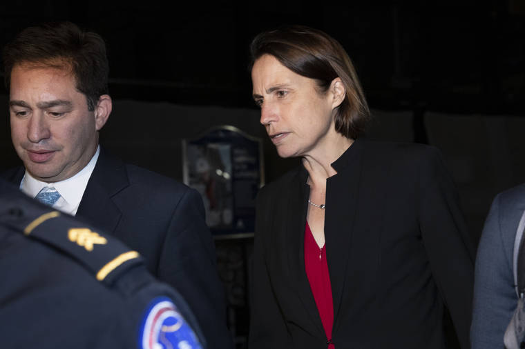 ASSOCIATED PRESS
                                Former White House advisor on Russia, Fiona Hill, leaves Capitol Hill Monday after testifying before congressional lawmakers as part of the House impeachment inquiry into President Donald Trump.