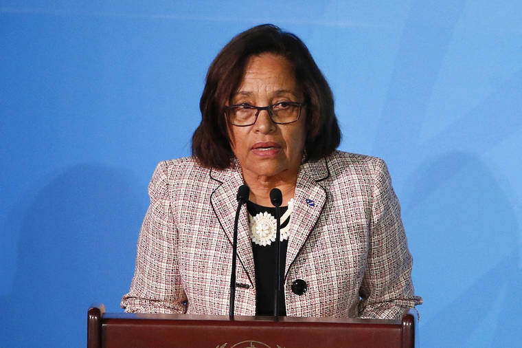 ASSOCIATED PRESS
                                Marshall Islands’ President Hilda Heine addressed a summit, Sept. 23, at the United Nations General Assembly. Heine applauded U.S. authorities for arresting an Arizona elected official accused of running an illegal adoption scheme involving pregnant Marshallese women.