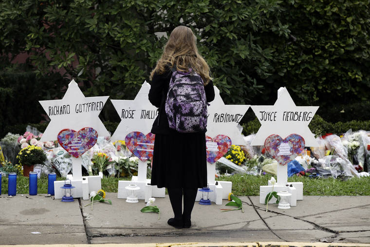 ASSOCIATED PRESS / Oct. 29
                                A person stands in front of Stars of David that are displayed in front of the Tree of Life Synagogue with the names of those killed in the deadly Oct. 27 shooting in Pittsburgh. A Jewish civil rights group says at least a dozen white supremacists have been arrested on allegations of plotting, threatening or carrying out anti-Semitic attacks in the U.S. since the attack.
