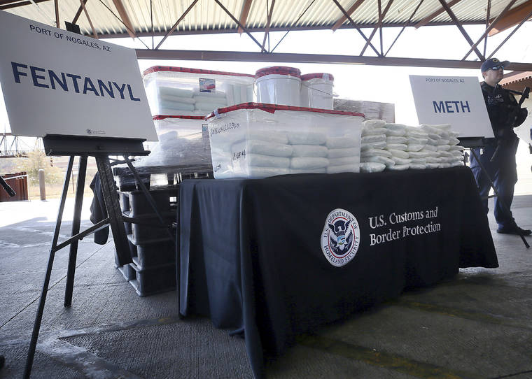 MAMTA POPAT/ARIZONA DAILY STAR VIA ASSOCIATED PRESS
                                A display of the fentanyl and meth that was seized by Customs and Border Protection officers at the Nogales Port of Entry, Jan. 31, during a news conference in Nogales, Ariz. According to a report released by the Centers for Disease Control and Prevention, today, fentanyl is driving drug overdose deaths in the U.S. overall, but in nearly half of the country, it’s a different story. Meth is the bigger killer.