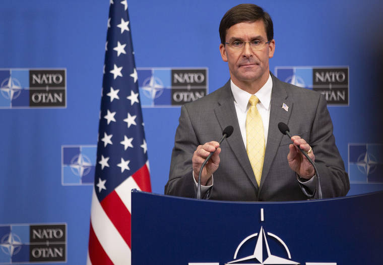 ASSOCIATED PRESS
                                U.S. Secretary for Defense Mark Esper speaks during a media conference after a meeting of NATO defense ministers at NATO headquarters in Brussels today. NATO defense ministers discussed efforts to deter Russia in eastern Europe and the future of the mission training security forces in Afghanistan.