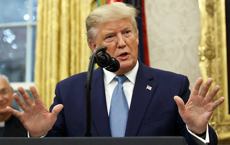 ASSOCIATED PRESS
                                President Donald Trump spoke during a ceremony, Tuesday, to present the Presidential Medal of Freedom to former Attorney General Edwin Meese, in the Oval Office of the White House, in Washington. Trump said today the U.S. does not endorse Turkey’s military assault on Syria, calling the operation a “bad idea.”