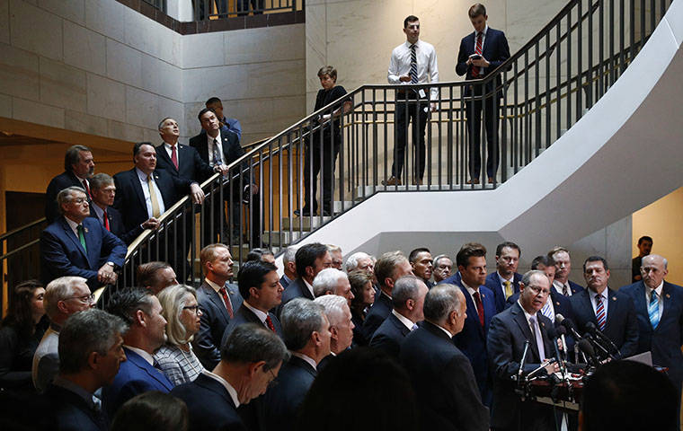 ASSOCIATED PRESS
                                House Republicans gathered for a news conference after Deputy Assistant Secretary of Defense Laura Cooper arrived for a closed door meeting to testify as part of the House impeachment inquiry into President Donald Trump, Wednesday, on Capitol Hill in Washington.