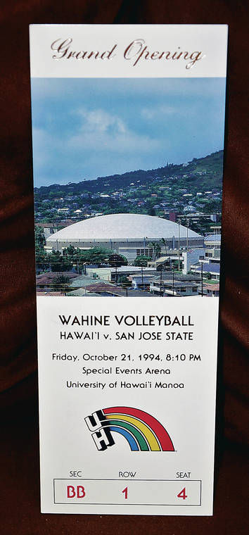 STAR-ADVERTISER
                                A Wahine volleyball match against San Jose State — at the Special Events Arena on Oct. 21, 1994. Above, is a ticket to the event.