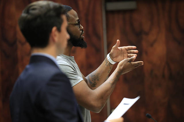 JAMM AQUINO/JAQUINO@STARADVERTISER.COM
                                Isaiah McCoy gestures while speaking in the state circuit courtroom of Judge Todd Eddins today. At left is prosecuting attorney David Van Acker. The prosecution requested that McCoy’s bail be revoked after he was apprehended October 7 at Daniel K. Inouye International Airport, trying to leave on a flight to Los Angeles.