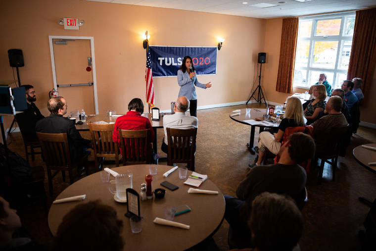 ELIZABETH FRANTZ/THE NEW YORK TIMES
                                Rep. Tulsi Gabbard (D-Hawaii), a candidate for the Democratic nomination for president, speaks at a town hall campaign event at Northland Restaurant & Dairy Bar in Berlin, N.H., on Friday, Oct. 11, 2019.