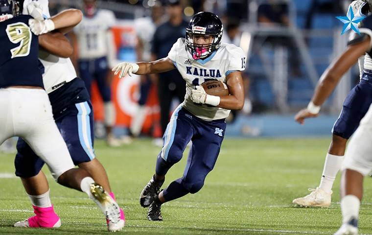 BY ANDREW LEE / SPECIAL TO THE STAR-ADVERTISER
                                Kailua’s Brian-Allen Kamanu rushes with the ball during Saturday’s game at Waipahu.