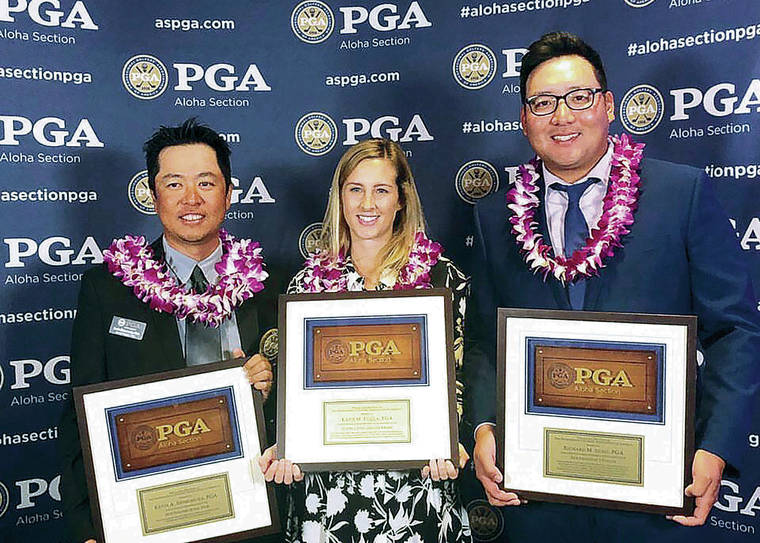 COURTESY ALOHA SECTION PGA
                                Ko Olina Golf Club was well represented at the Hawaii Golf Ho‘olaule‘a Awards ceremony. Kevin Shimomura, from left, was named Teacher of the Year, Katie Manlolo won the Bill Strausbaugh Award and Rich Sung received the President’s Plaque.
