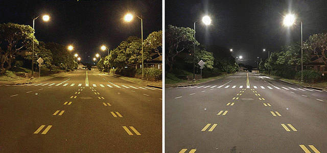 CITY AND COUNTY OF HONOLULU
                                A photo of West Loch in Ewa Beach shows the area before LED lights were installed, left, and after.